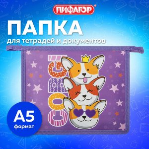 Папка для тетрадей ПИФАГОР А5, 1 отделение, пластик, на молнии, Corgi queen, 272192