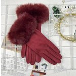 Зимние замшевые перчатки с мехом, красные