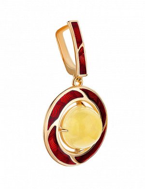 Круглый кулон из серебра в золоте с эмалью и медового янтаря «Ампир», 810208093