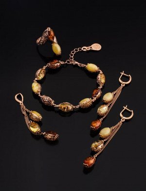 Изящные позолоченные серьги «Касабланка» с натуральным янтарём, 810104232