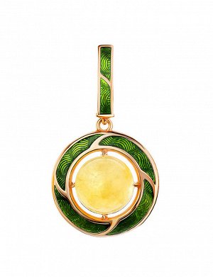 Кулон из серебра с зелёной эмалью и медового янтаря «Ампир», 810207190