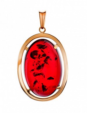 Крупный позолоченный кулон с ярко-красным янтарём «Элегия», 810208026