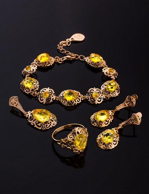 Нарядные позолоченные серьги «Луксор» с натуральным лимонным янтарём, 810104148