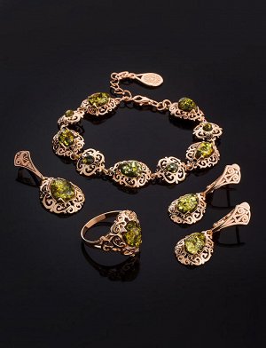 Изысканный позолоченный браслет с натуральным зелёным янтарём «Луксор», 812604138