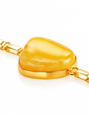 Эффектный браслет из позолоченного серебра с натуральным цельным янтарём медового цвета, 912604003