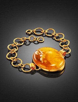 Элегантный позолоченный браслет с натуральным медовым янтарём, 912604006