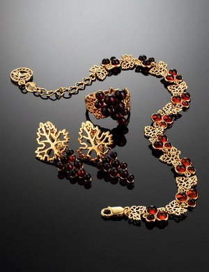 Изысканный позолоченный браслет «Виноград» с натуральным вишнёвым янтарём, 912601224