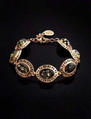 Эффектный позолоченный браслет с натуральным янтарём зелёного цвета «Эллада», 812604205