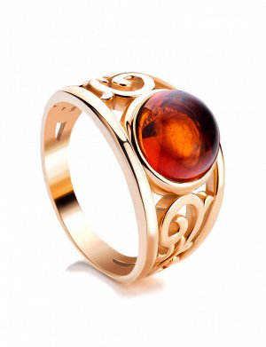 Ажурное золотое кольцо «Шахерезада» с коньячным янтарём, 906208436
