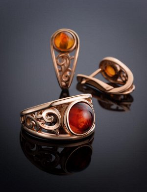 Ажурное золотое кольцо «Шахерезада» с коньячным янтарём, 906208436