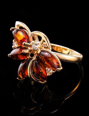 Великолепное кольцо из золота, украшенное натуральным балтийским янтарём коньячного цвета «Лотос», 606208173