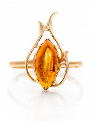 Женственное кольцо из золота и натурального коньячного янтаря «Тюльпан», 806207093