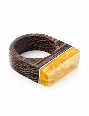 Необычное кольцо из древесины венге и натурального янтаря «Индонезия», 808203226