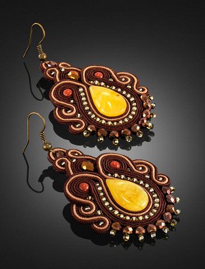 Оригинальный плетёные серьги «Индия», украшенные цельным медовым янтарём, 908301251