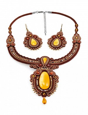 Оригинальный плетёные серьги «Индия», украшенные цельным медовым янтарём, 908301251