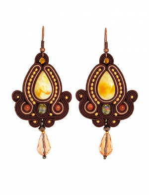 Необычные серьги «Индия», украшенные натуральным цельным янтарём медового цвета, 908301255