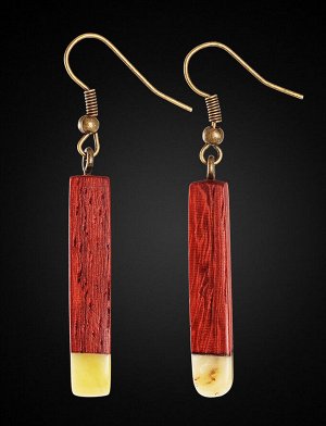 Яркие серьги в этническом стиле из дерева и натурального янтаря «Индонезия», 708307220