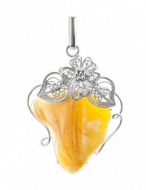Изысканный серебряный кулон «Филигрань» с натуральным янтарём медового цвета, 704503054