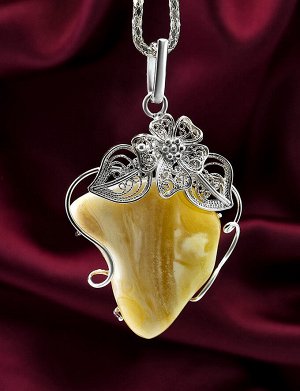 Изысканный серебряный кулон «Филигрань» с натуральным янтарём медового цвета, 704503054