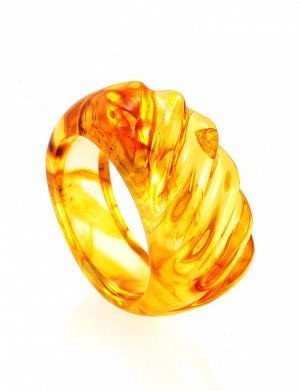 Уникальное резное кольцо из натурального янтаря золотистого цвета «Везувий», 808312115