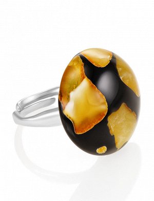 Кольцо «Далматин» черного цвета с натуральным балтийским янтарём, 908202302