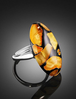Стильное кольцо с янтарной мозаикой «Далматин чёрный»