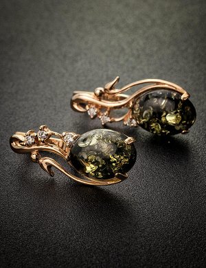 Изящные серьги из золочённого серебра и янтаря зелёного цвета «Мелисса», 710110062