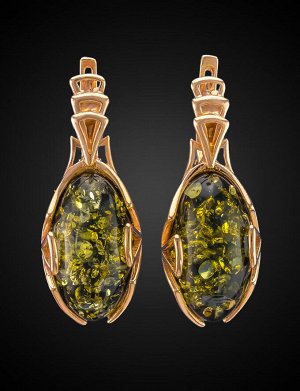 Золотые серьги, украшенные натуральным янтарём зелёного цвета «Рандеву», 706410295