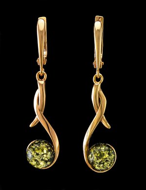 Изящные удлинённые серьги «Феникс» из золочённого серебра и натурального янтаря, 610112150