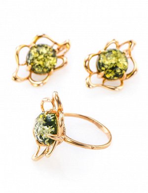 Ажурное кольцо «Юнона» из золота и натурального зелёного янтаря, 706203033