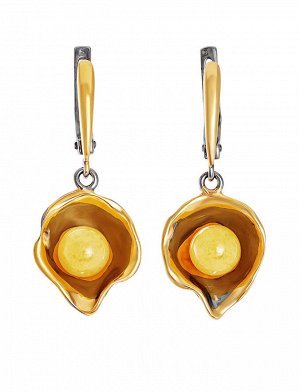 Необычные серьги из золочённого серебра и натурального янтаря медового цвета «Турандот», 810110082