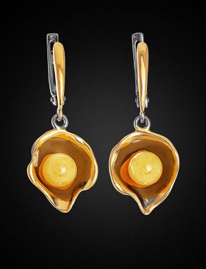 Необычные серьги из золочённого серебра и натурального янтаря медового цвета «Турандот», 810110082