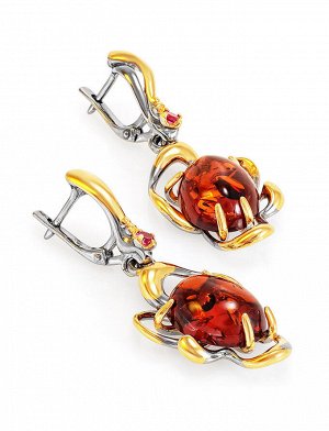 Нарядные серьги из янтаря красно-коньячного цвета в золочённом серебре «Помпадур», 810110098