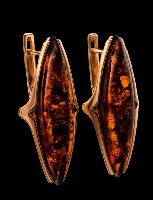 Элегантные серьги «Барселона» с натуральным янтарём коньячного цвета, 710110066