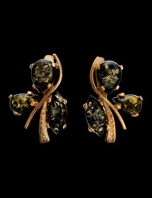 Серьги из серебра в золоте с натуральным искрящимся янтарём зелёного цвета «Магнолия», 810112138