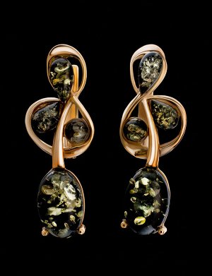 Необычные серьги «Симфония» из золоченного серебра и янтаря, 810109220