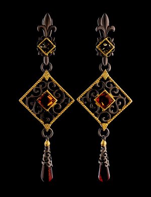 Изящные удлинённые серьги из чернёного серебра и янтаря «Арабеска», 810104197