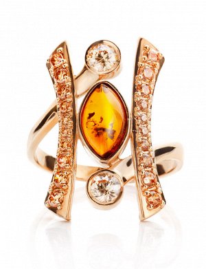 Изысканное кольцо из золота с янтарём и фианитами «Ренессанс», 806208058