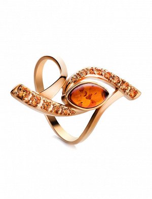 Изящное ажурное кольцо «Ренессанс» из золота с янтарём коньячного цвета, 806212016