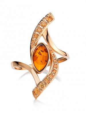 Изящное ажурное кольцо «Ренессанс» из золота с янтарём коньячного цвета, 806212016