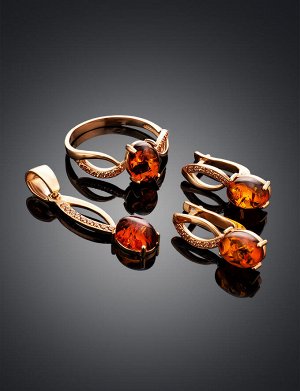 Тонкое золотое кольцо, украшенное янтарём и цирконитами «Ренессанс», 906201230