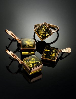 Оригинальные объёмные серьги из золота и натурального зелёного янтаря «Овация», 906404109