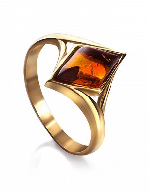 Нежное золотое кольцо «Коломбина» с янтарём коньячного цвета, 006205037
