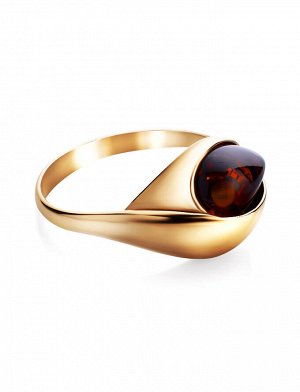 Нежное кольцо из золоченного серебра с натуральным вишнёвым янтарём «Пион», 810004156