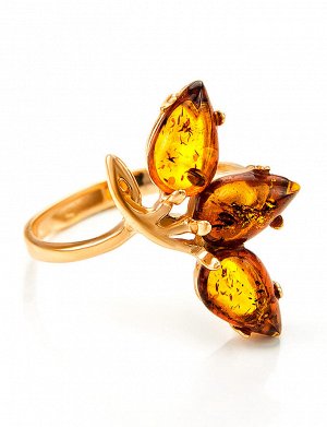 Нарядное кольцо из золота и натурального коньячного янтаря «Сакура», 806207096