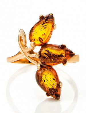 Нарядное кольцо из золота и натурального коньячного янтаря «Сакура», 806207096