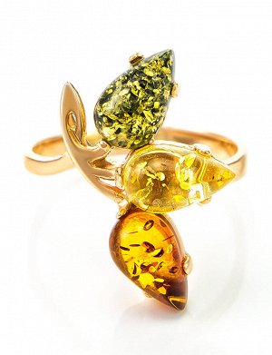 Эффектное яркое кольцо из золота и натурального янтаря трёх цветов «Сакура», 606208144