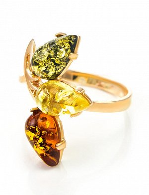 Эффектное яркое кольцо из золота и натурального янтаря трёх цветов «Сакура», 606208144