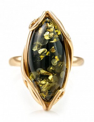 Крупное кольцо из золота 585 пробы со вставкой из натурального янтаря зелёного цвета «Рококо», 706209231