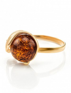 Яркое кольцо из золота и натурального янтаря коньячного цвета «Лебедь», 706207179